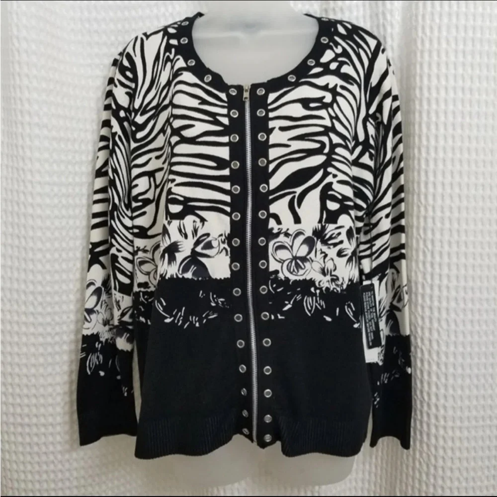 NWT Pierri NY cardigan black/white zebra print with grommets and zipper XL - Picture 1 of 8